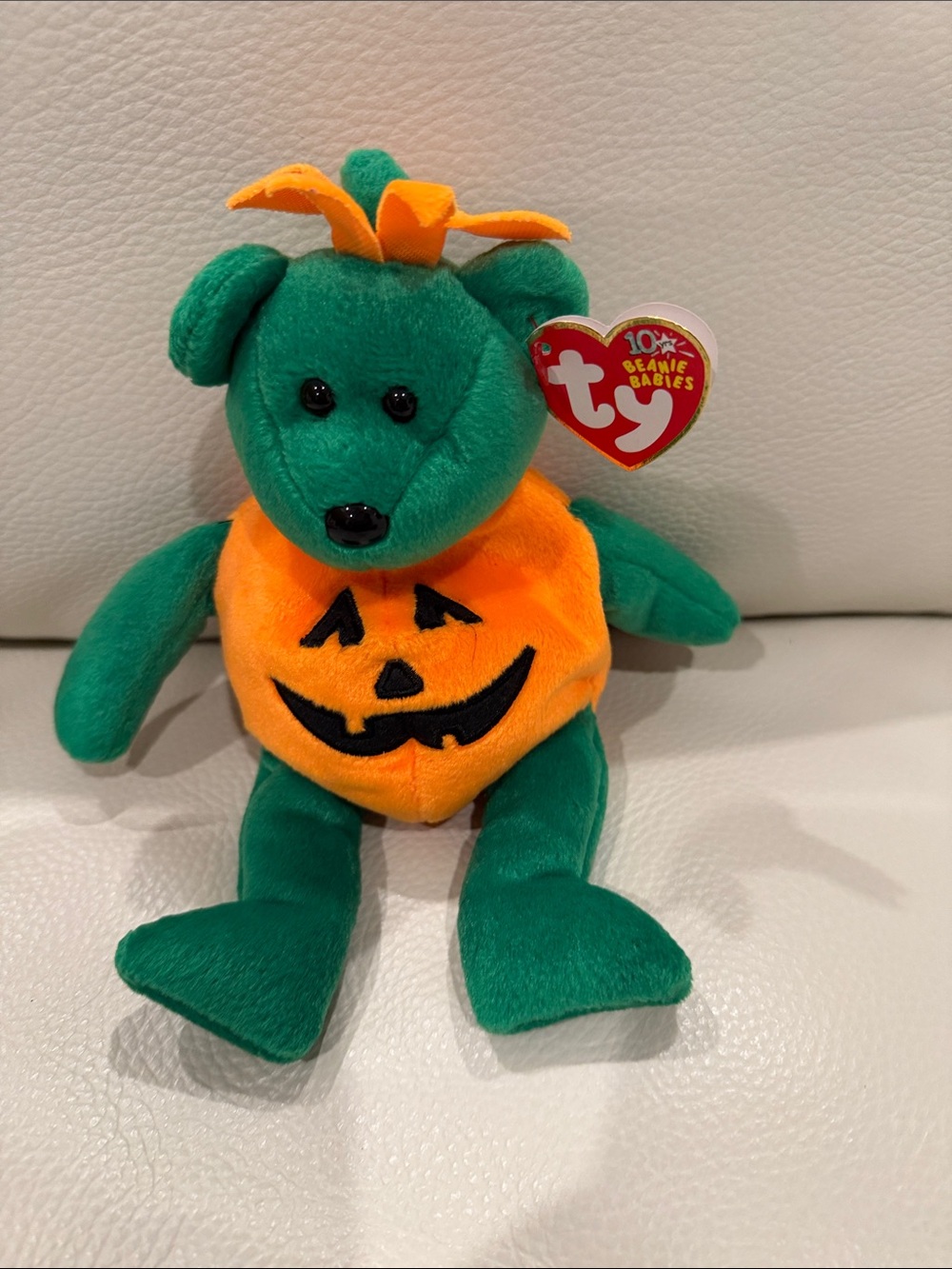 Ty Tricky Green Bear in Orange Pumpkin Costume Plushie